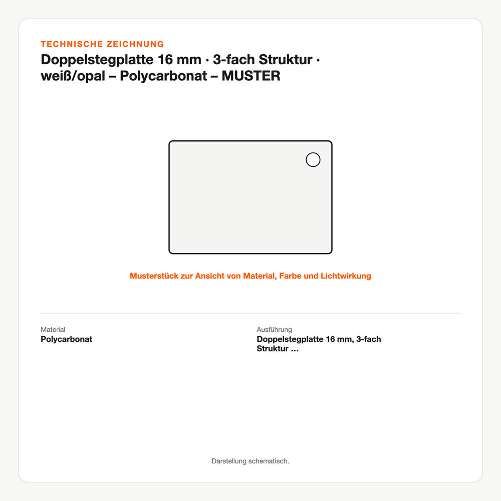 Technische Zeichnung: Doppelstegplatte 16 mm | 3-fach Struktur | weiß/opal – Polycarbonat – MUSTER