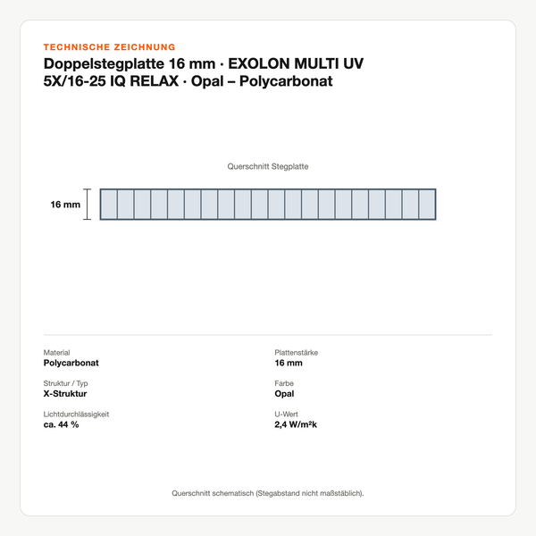 Technische Zeichnung: Doppelstegplatte 16 mm | EXOLON® MULTI UV 5X/16-25 IQ RELAX | Opal – Polycarbonat