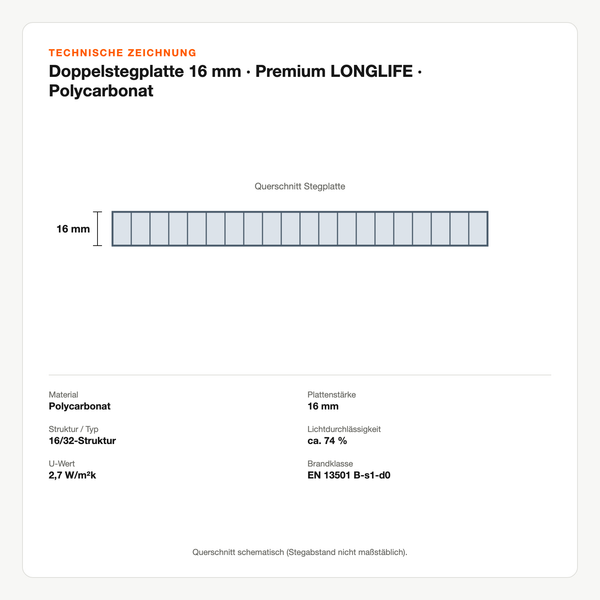 Technische Zeichnung: Doppelstegplatte 16 mm | Premium LONGLIFE | Polycarbonat