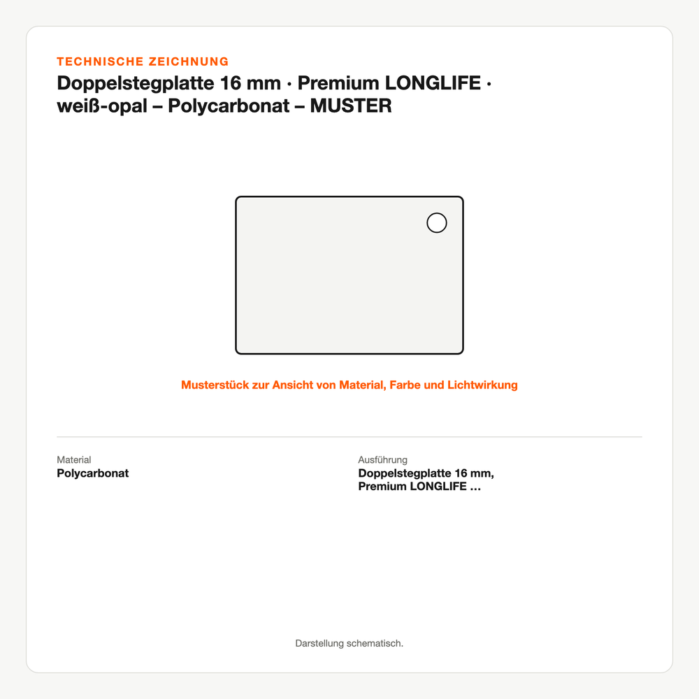 Technische Zeichnung: Doppelstegplatte 16 mm | Premium LONGLIFE | weiß-opal – Polycarbonat – MUSTER