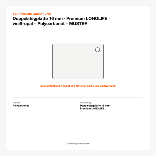 Technische Zeichnung: Doppelstegplatte 16 mm | Premium LONGLIFE | weiß-opal – Polycarbonat – MUSTER