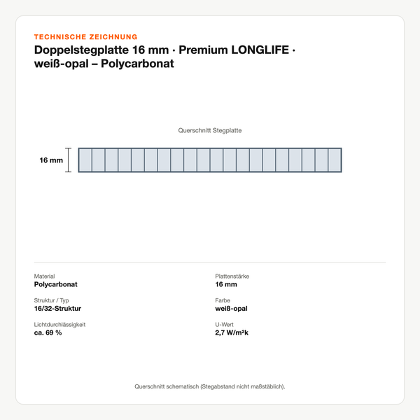 Technische Zeichnung: Doppelstegplatte 16 mm | Premium LONGLIFE | weiß-opal – Polycarbonat