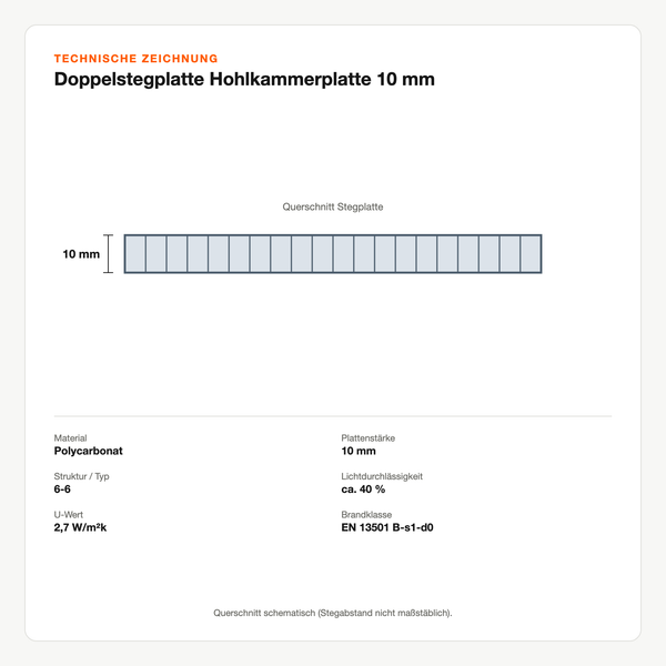 Technische Zeichnung: Doppelstegplatte Hohlkammerplatte 10 mm