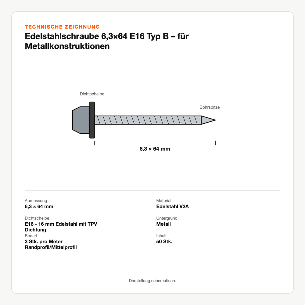 Technische Zeichnung: Edelstahlschraube 6,3×64 E16 Typ B – für Metallkonstruktionen