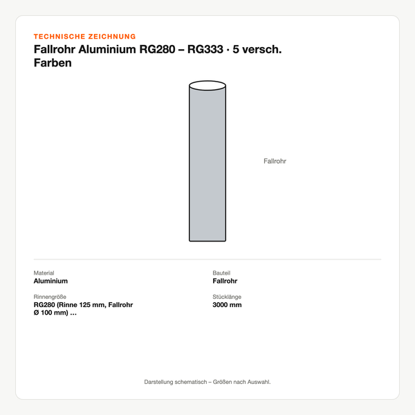 Technische Zeichnung: Fallrohr Aluminium RG280 – RG333 | 5 versch. Farben