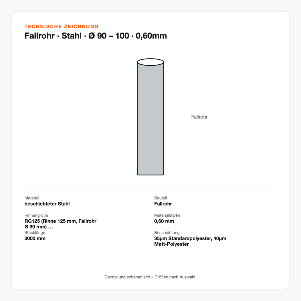 Technische Zeichnung: Fallrohr | Stahl | Ø 90 – 100 | 0,60mm