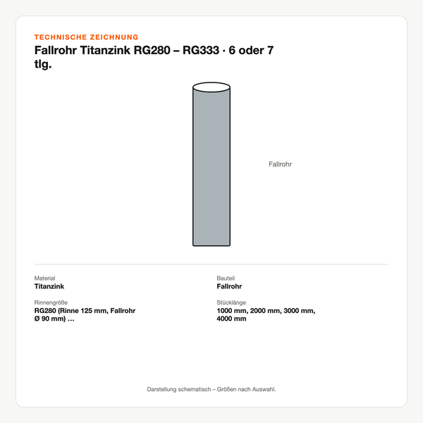 Technische Zeichnung: Fallrohr Titanzink RG280 – RG333 | 6 oder 7 tlg.