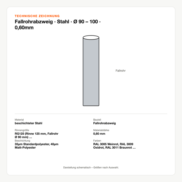 Technische Zeichnung: Fallrohrabzweig | Stahl | Ø 90 – 100 | 0,60mm