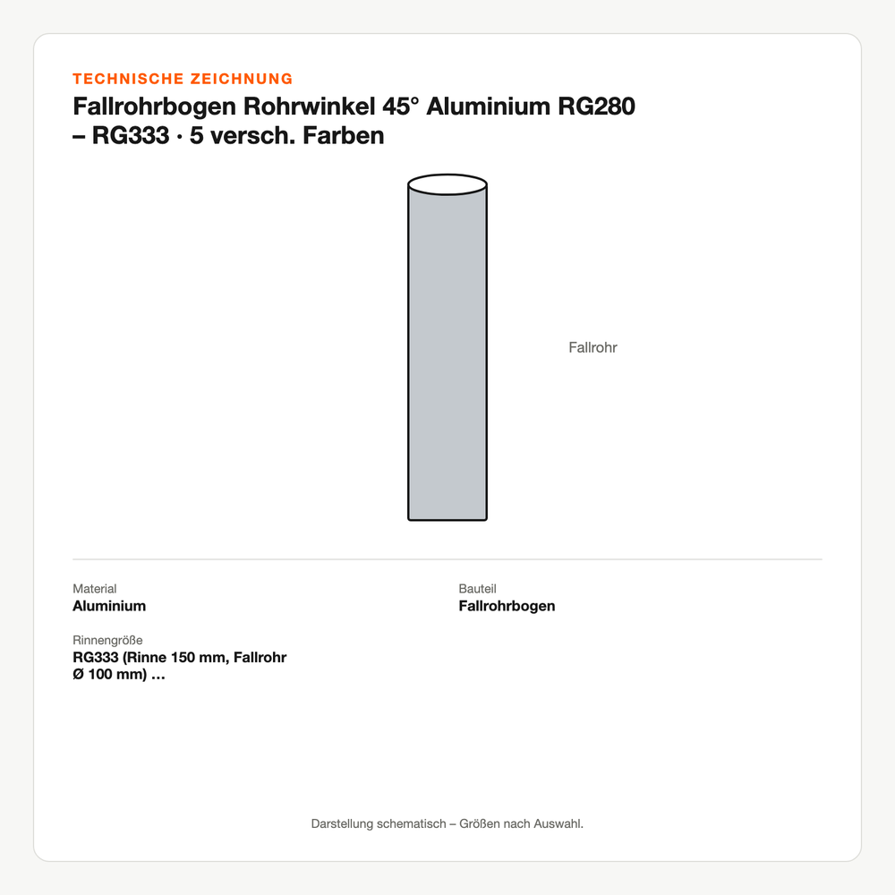 Technische Zeichnung: Fallrohrbogen Rohrwinkel 45° Aluminium RG280 – RG333 | 5 versch. Farben