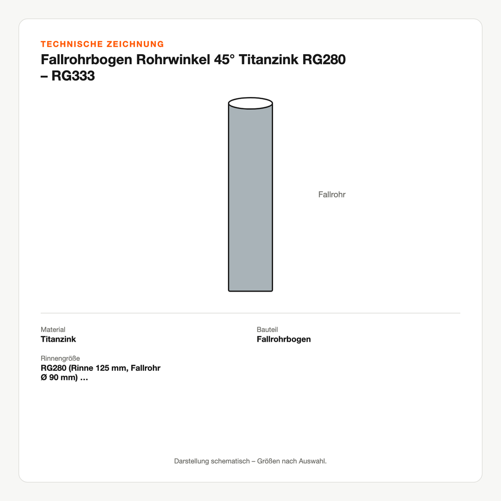 Technische Zeichnung: Fallrohrbogen Rohrwinkel 45° Titanzink RG280 – RG333