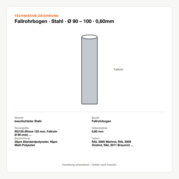 Technische Zeichnung: Fallrohrbogen | Stahl | Ø 90 – 100 | 0,60mm