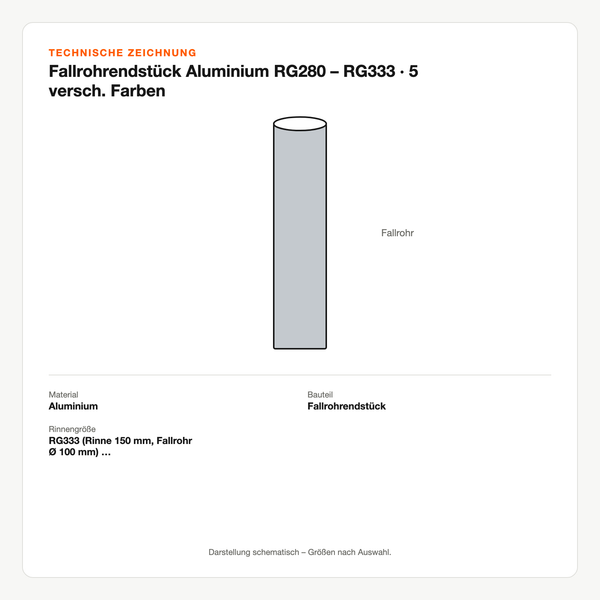 Technische Zeichnung: Fallrohrendstück Aluminium RG280 – RG333 | 5 versch. Farben