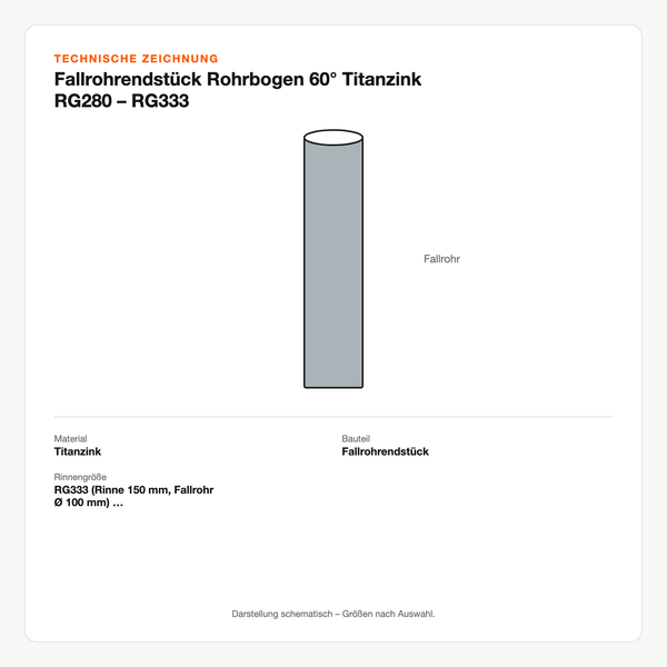 Technische Zeichnung: Fallrohrendstück Rohrbogen 60° Titanzink RG280 – RG333
