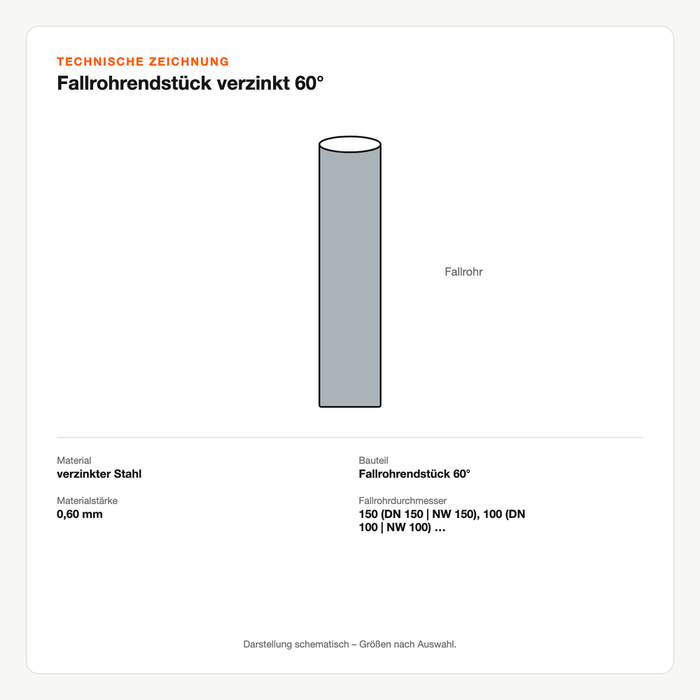 Technische Zeichnung: Fallrohrendstück verzinkt 60°