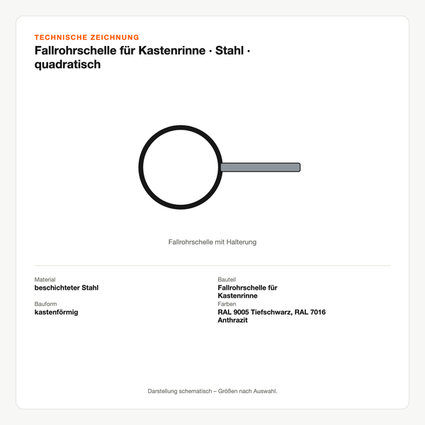 Technische Zeichnung: Fallrohrschelle für Kastenrinne | Stahl | quadratisch