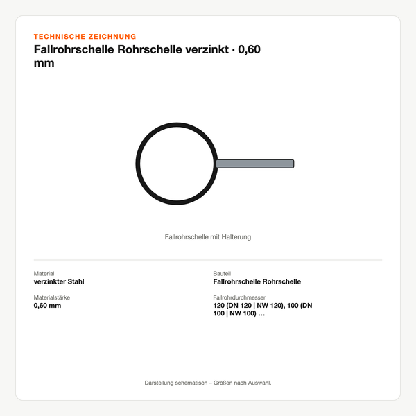 Technische Zeichnung: Fallrohrschelle Rohrschelle verzinkt | 0,60 mm