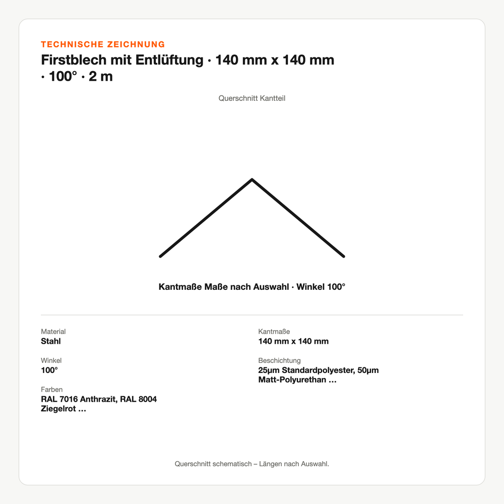 Technische Zeichnung: Firstblech mit Entlüftung | 140 mm x 140 mm | 100° | 2 m