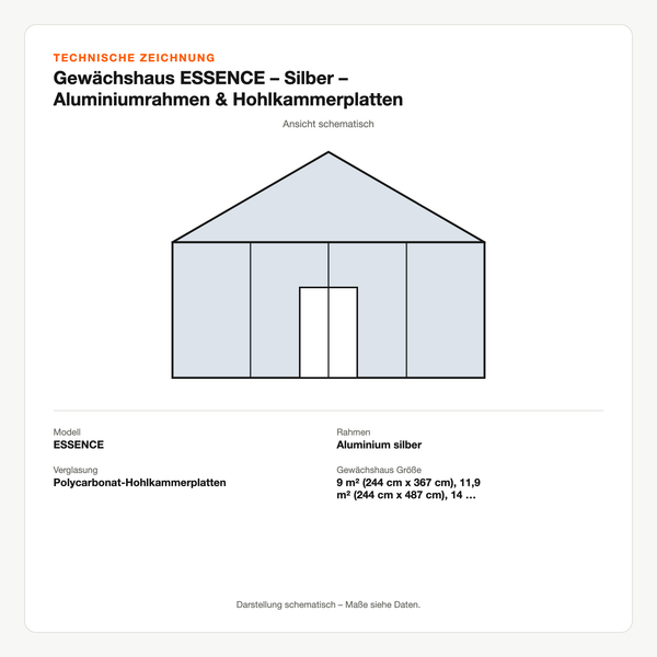 Technische Zeichnung: Gewächshaus ESSENCE – Silber – Aluminiumrahmen & Hohlkammerplatten