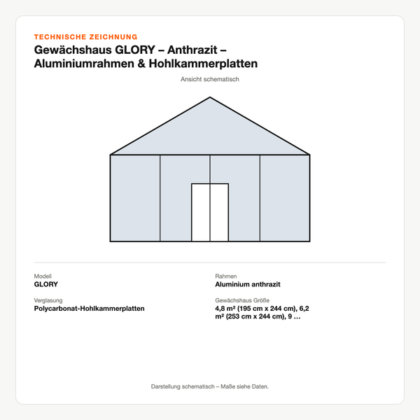 Technische Zeichnung: Gewächshaus GLORY – Anthrazit – Aluminiumrahmen & Hohlkammerplatten