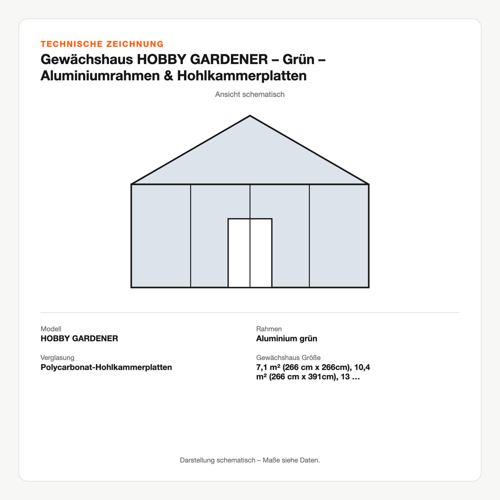 Technische Zeichnung: Gewächshaus HOBBY GARDENER – Grün – Aluminiumrahmen & Hohlkammerplatten