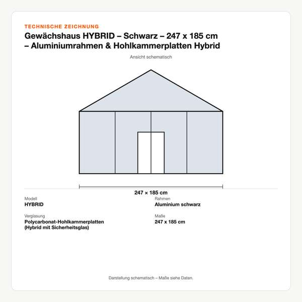 Technische Zeichnung: Gewächshaus HYBRID – Schwarz – 247 x 185 cm – Aluminiumrahmen & Hohlkammerplatten Hybrid