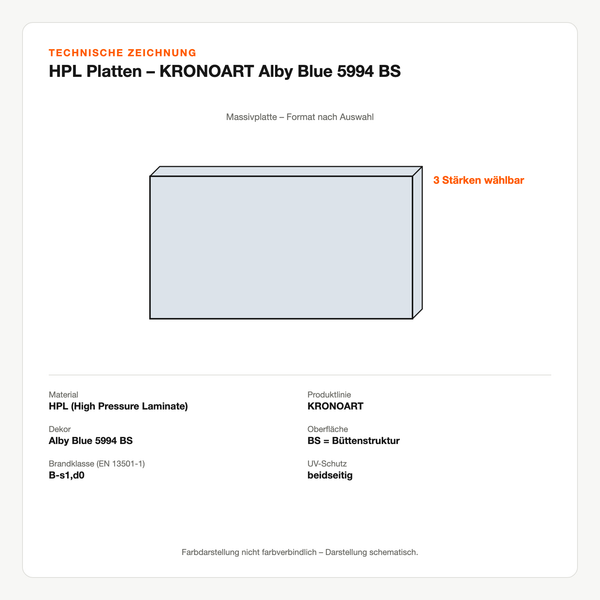 Technische Zeichnung: HPL Platten – KRONOART® Alby Blue 5994 BS
