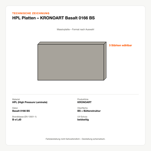 Technische Zeichnung: HPL Platten – KRONOART® Basalt 0166 BS