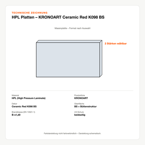 Technische Zeichnung: HPL Platten – KRONOART® Ceramic Red K098 BS