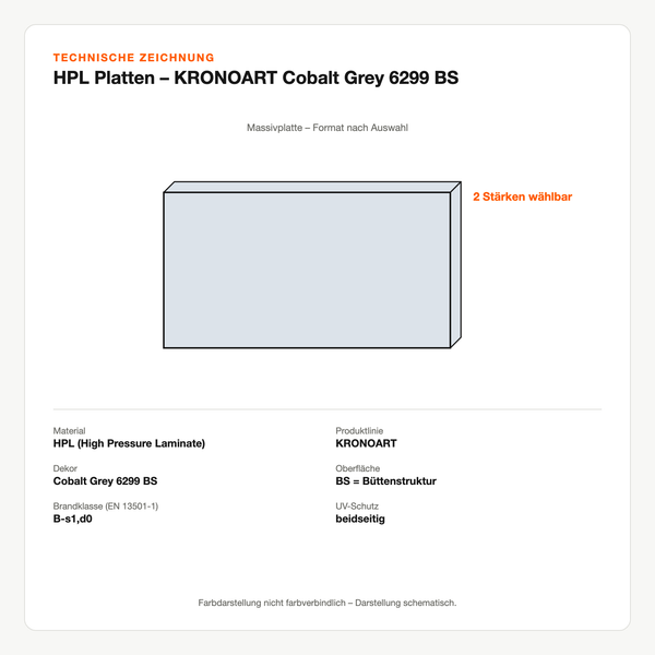 Technische Zeichnung: HPL Platten – KRONOART® Cobalt Grey 6299 BS