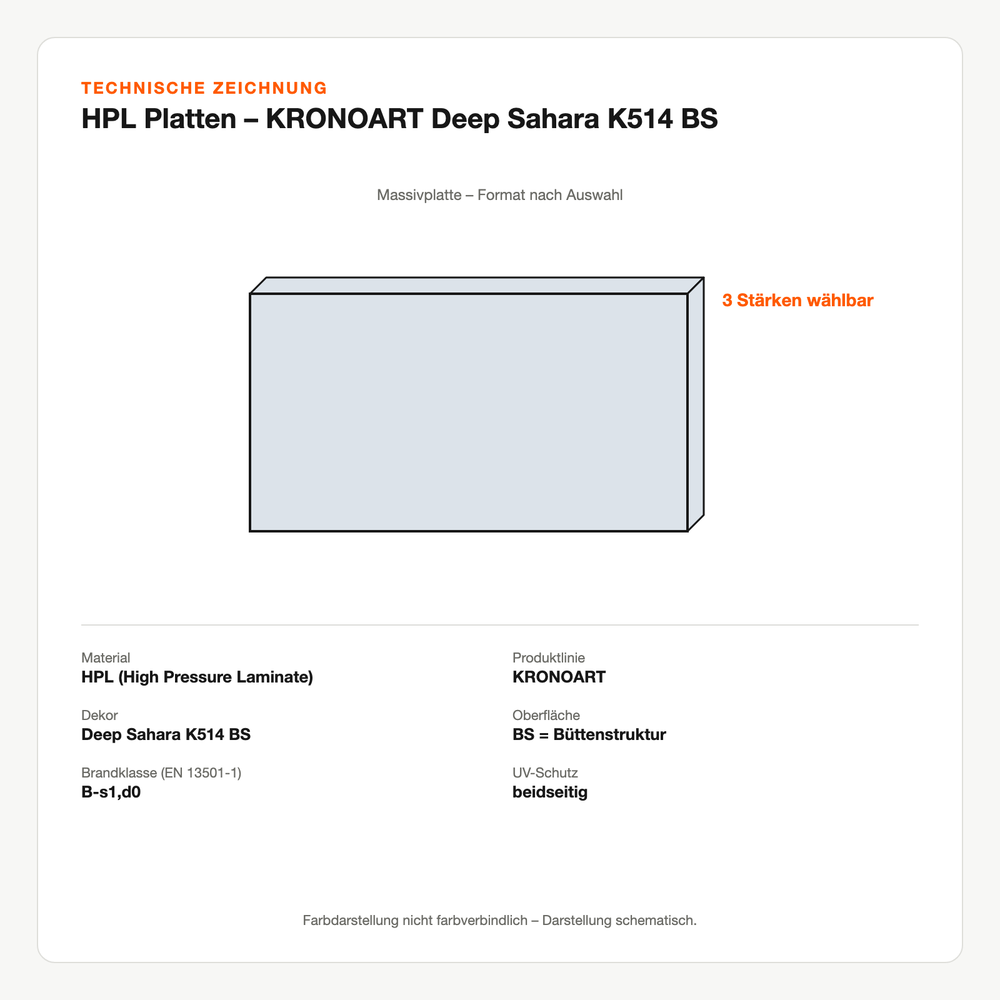 Technische Zeichnung: HPL Platten – KRONOART® Deep Sahara K514 BS