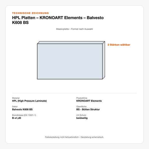 Technische Zeichnung: HPL Platten – KRONOART® Elements – Balvesto K608 BS