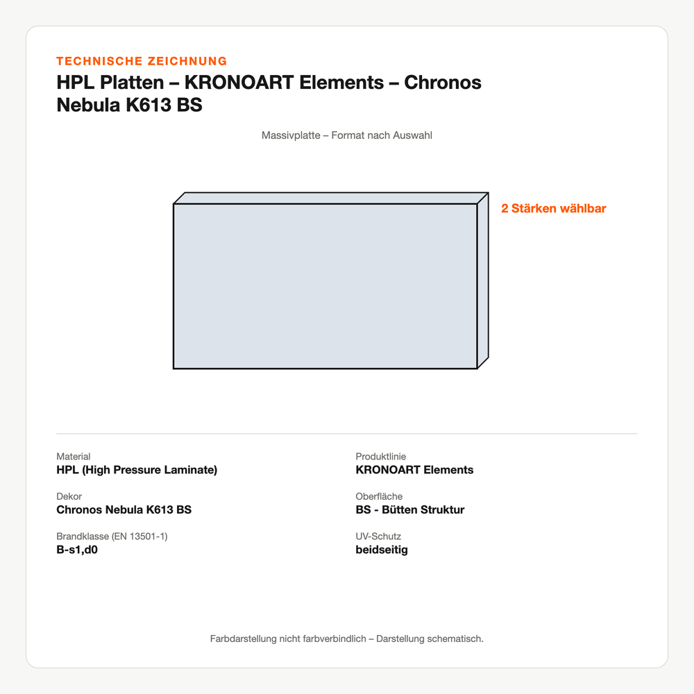 Technische Zeichnung: HPL Platten – KRONOART® Elements – Chronos Nebula K613 BS