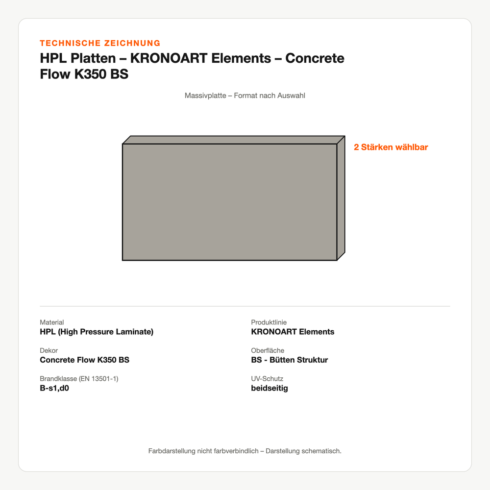 Technische Zeichnung: HPL Platten – KRONOART® Elements – Concrete Flow K350 BS
