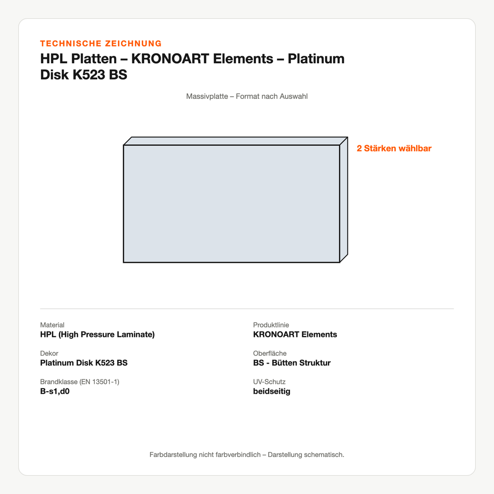 Technische Zeichnung: HPL Platten – KRONOART® Elements – Platinum Disk K523 BS