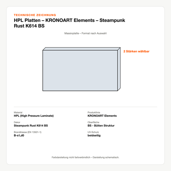 Technische Zeichnung: HPL Platten – KRONOART® Elements – Steampunk Rust K614 BS