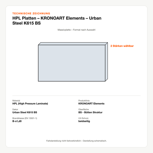 Technische Zeichnung: HPL Platten – KRONOART® Elements – Urban Steel K615 BS