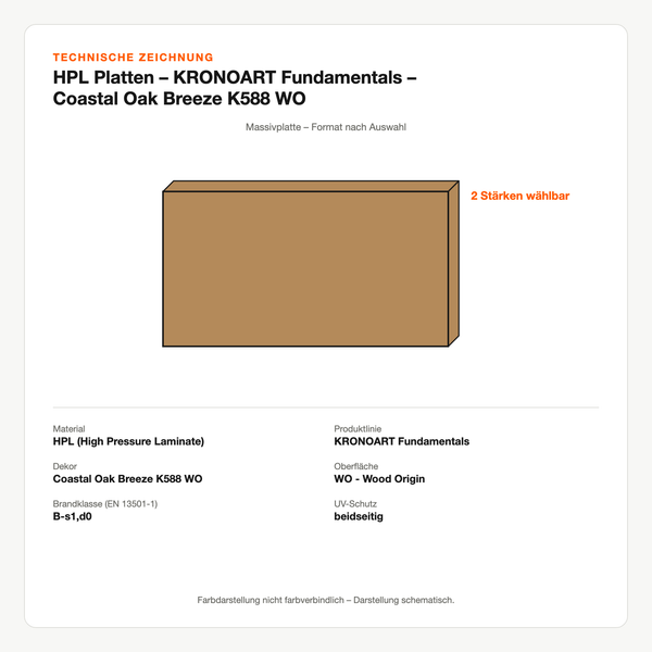 Technische Zeichnung: HPL Platten – KRONOART® Fundamentals – Coastal Oak Breeze K588 WO