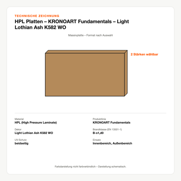 Technische Zeichnung: HPL Platten – KRONOART® Fundamentals – Light Lothian Ash K582 WO