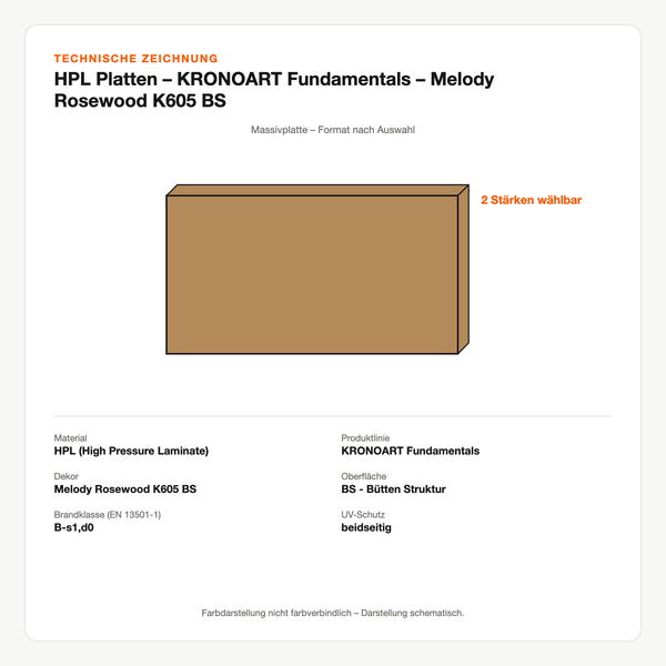 Technische Zeichnung: HPL Platten – KRONOART® Fundamentals – Melody Rosewood K605 BS