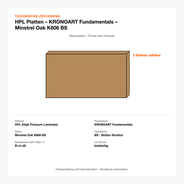 Technische Zeichnung: HPL Platten – KRONOART® Fundamentals – Minstrel Oak K606 BS
