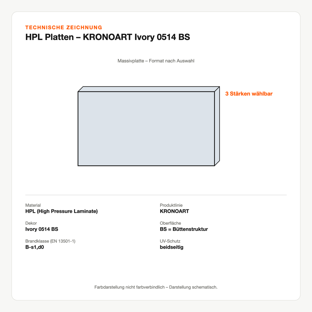 Technische Zeichnung: HPL Platten – KRONOART® Ivory 0514 BS