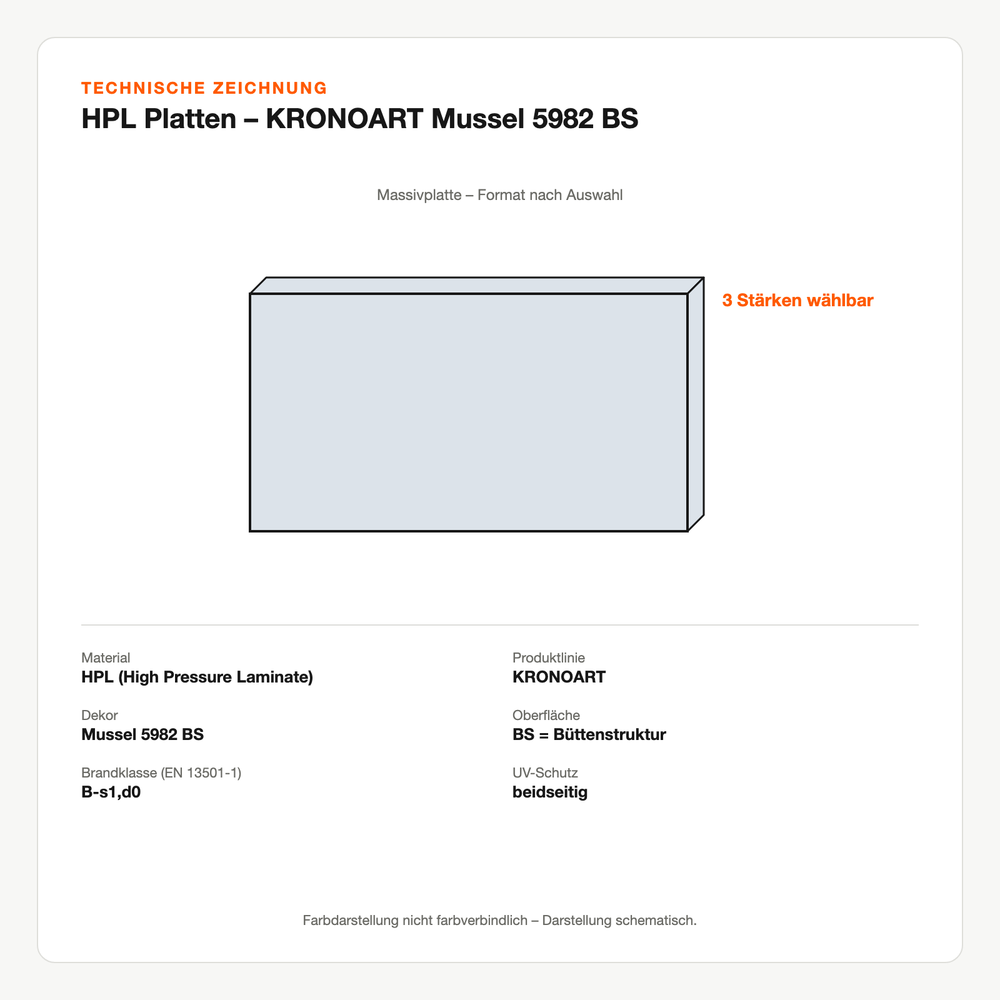Technische Zeichnung: HPL Platten – KRONOART® Mussel 5982 BS