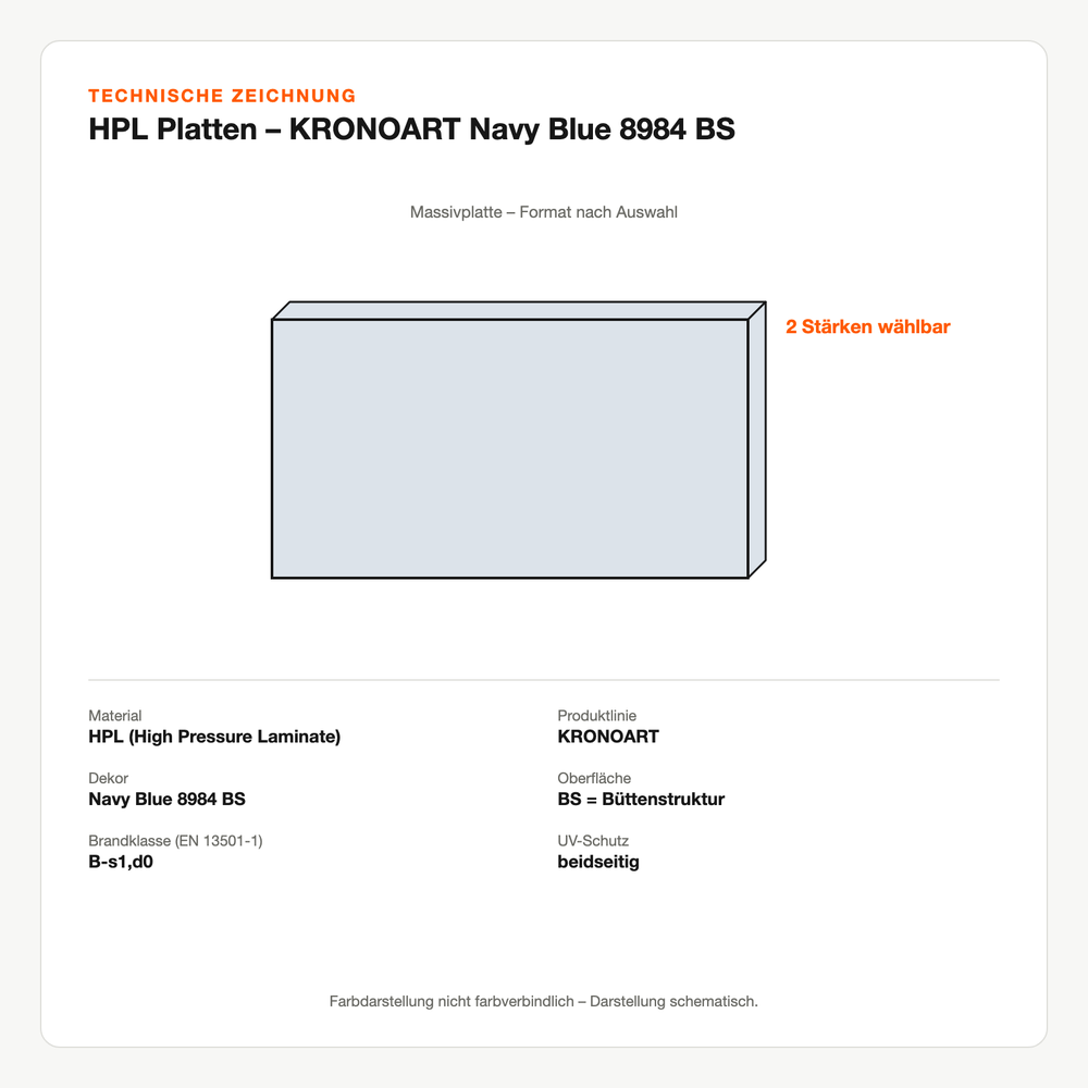 Technische Zeichnung: HPL Platten – KRONOART® Navy Blue 8984 BS