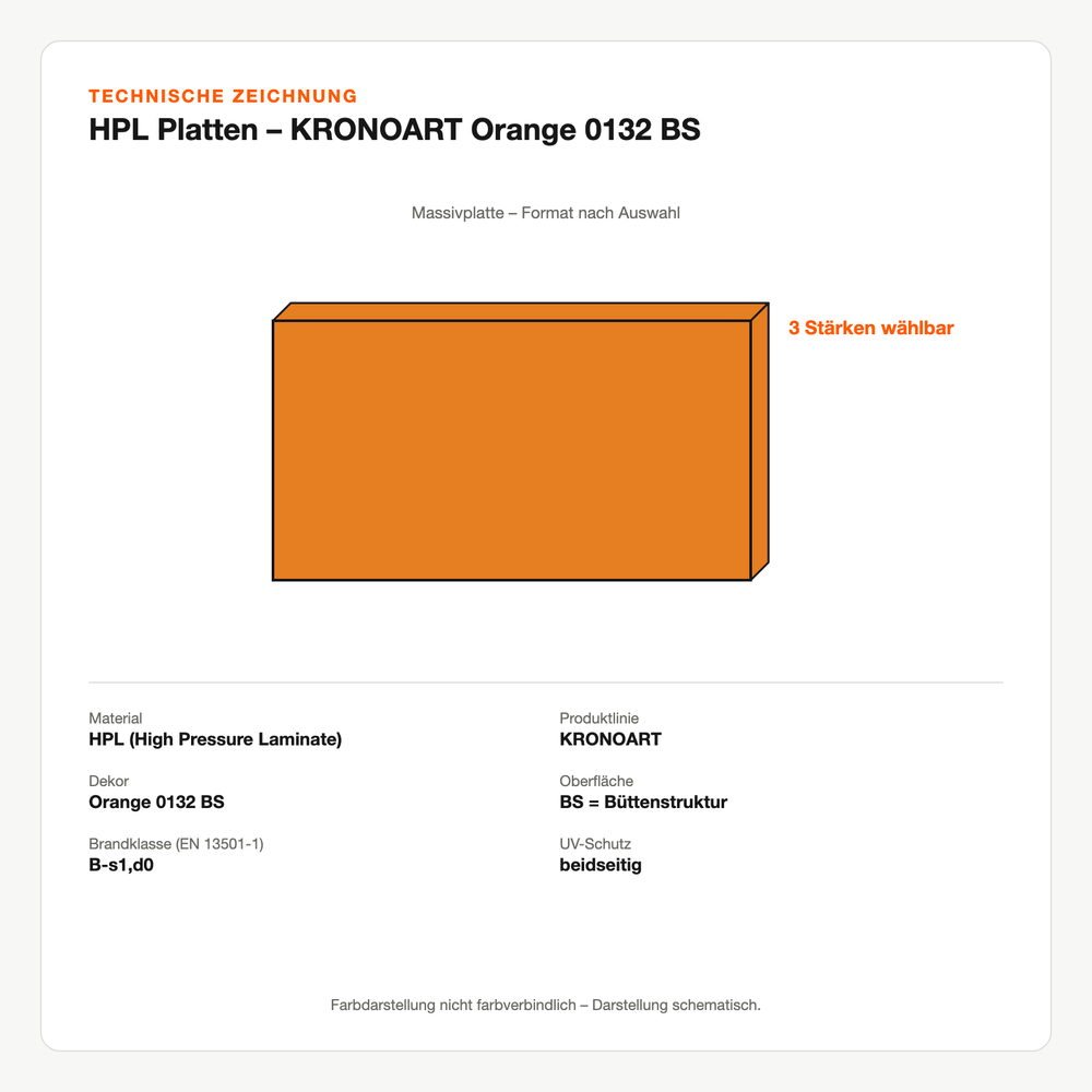 Technische Zeichnung: HPL Platten – KRONOART® Orange 0132 BS