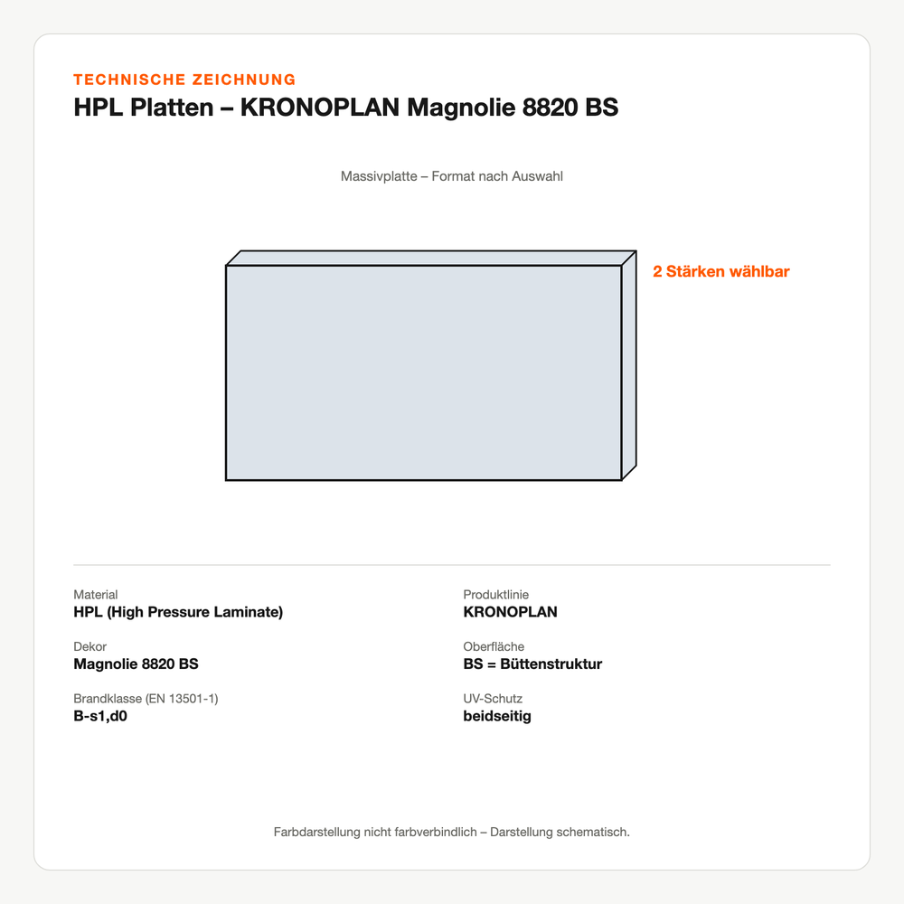 Technische Zeichnung: HPL Platten – KRONOPLAN® Magnolie 8820 BS