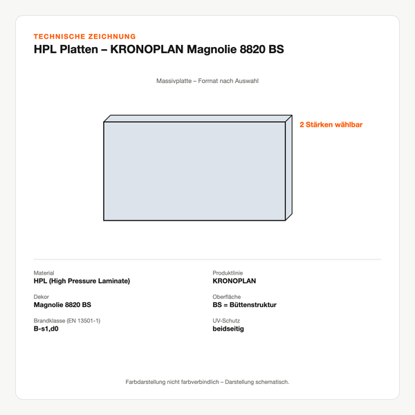Technische Zeichnung: HPL Platten – KRONOPLAN® Magnolie 8820 BS