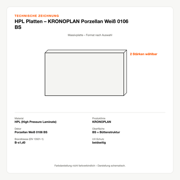 Technische Zeichnung: HPL Platten – KRONOPLAN® Porzellan Weiß 0106 BS