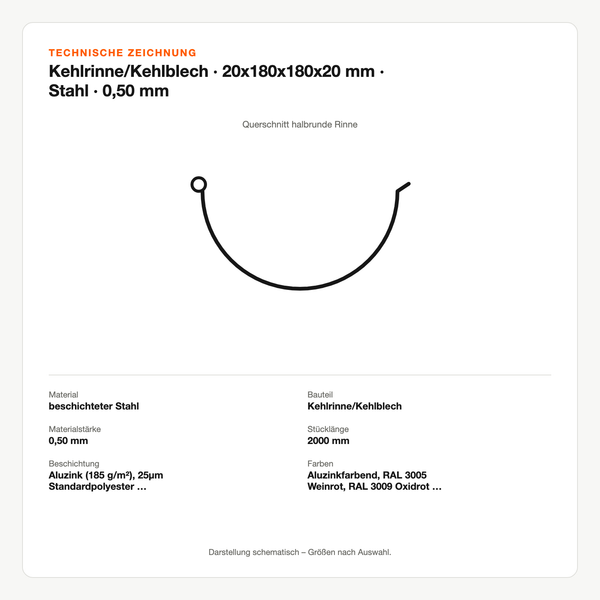 Technische Zeichnung: Kehlrinne/Kehlblech | 20x180x180x20 mm | Stahl | 0,50 mm