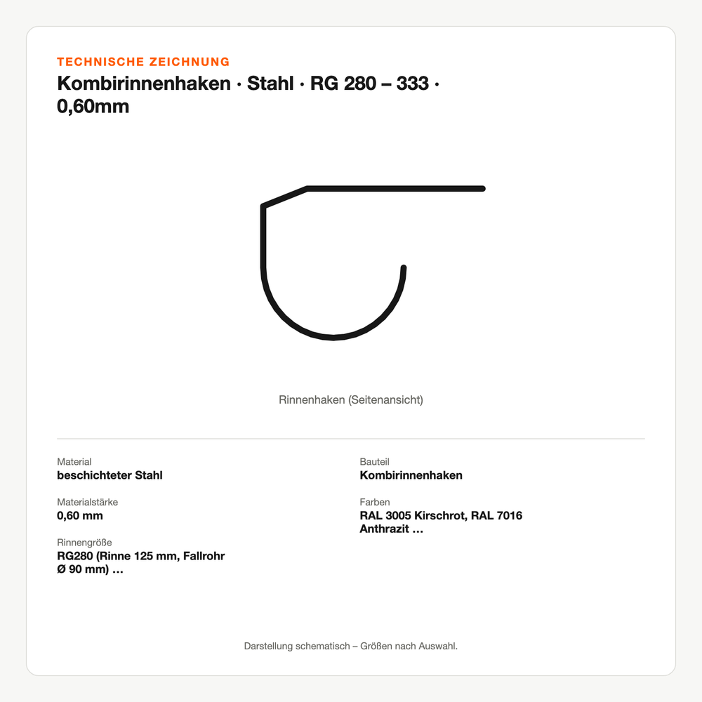 Technische Zeichnung: Kombirinnenhaken | Stahl | RG 280 – 333 | 0,60mm
