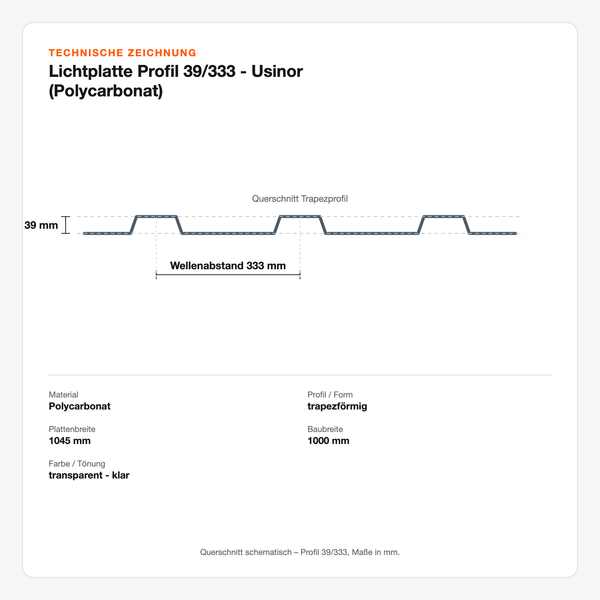 Technische Zeichnung: Lichtplatte Profil 39/333 - Usinor (Polycarbonat)